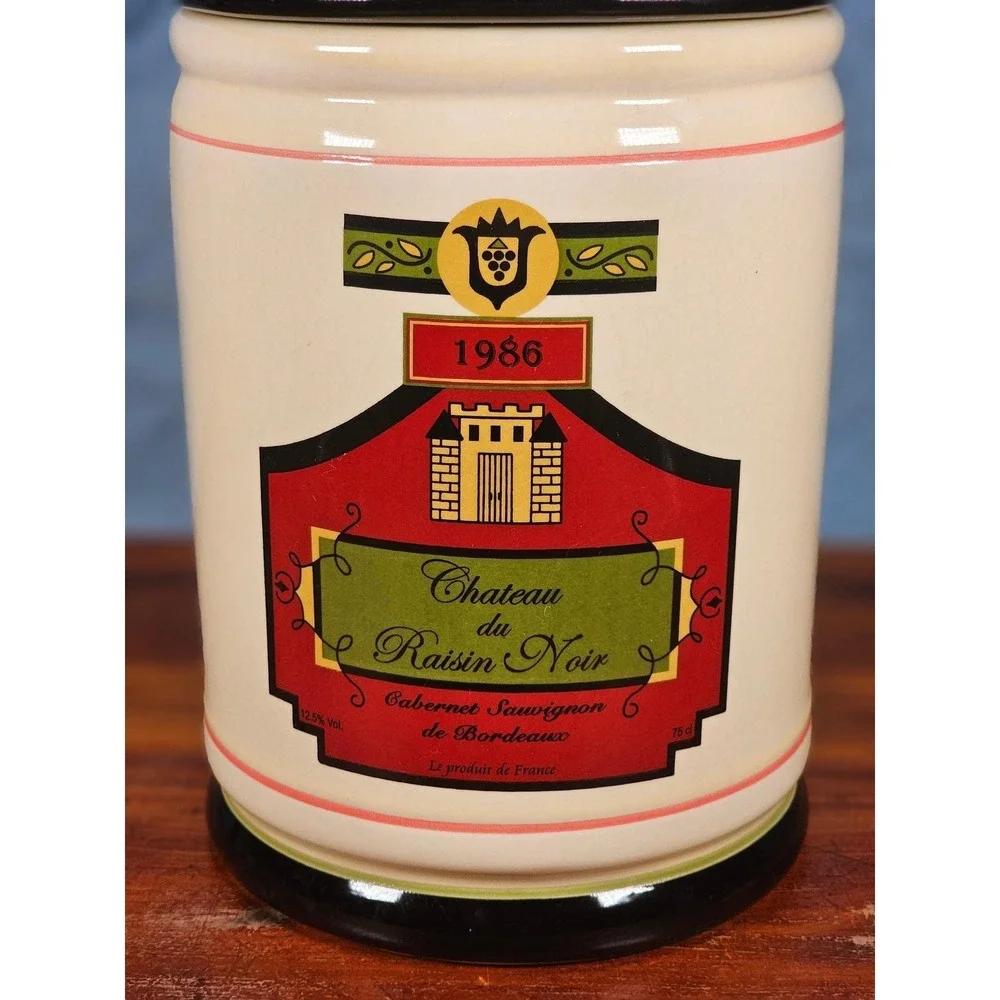 Vintage OGGI French Wine Label Ceramic Canister With Lid 9 In